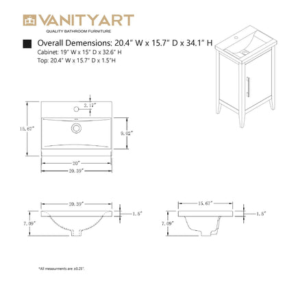 Mobiletto per lavabo da bagno Vanity Art 20 o 24 o 30 con piano in ceramica