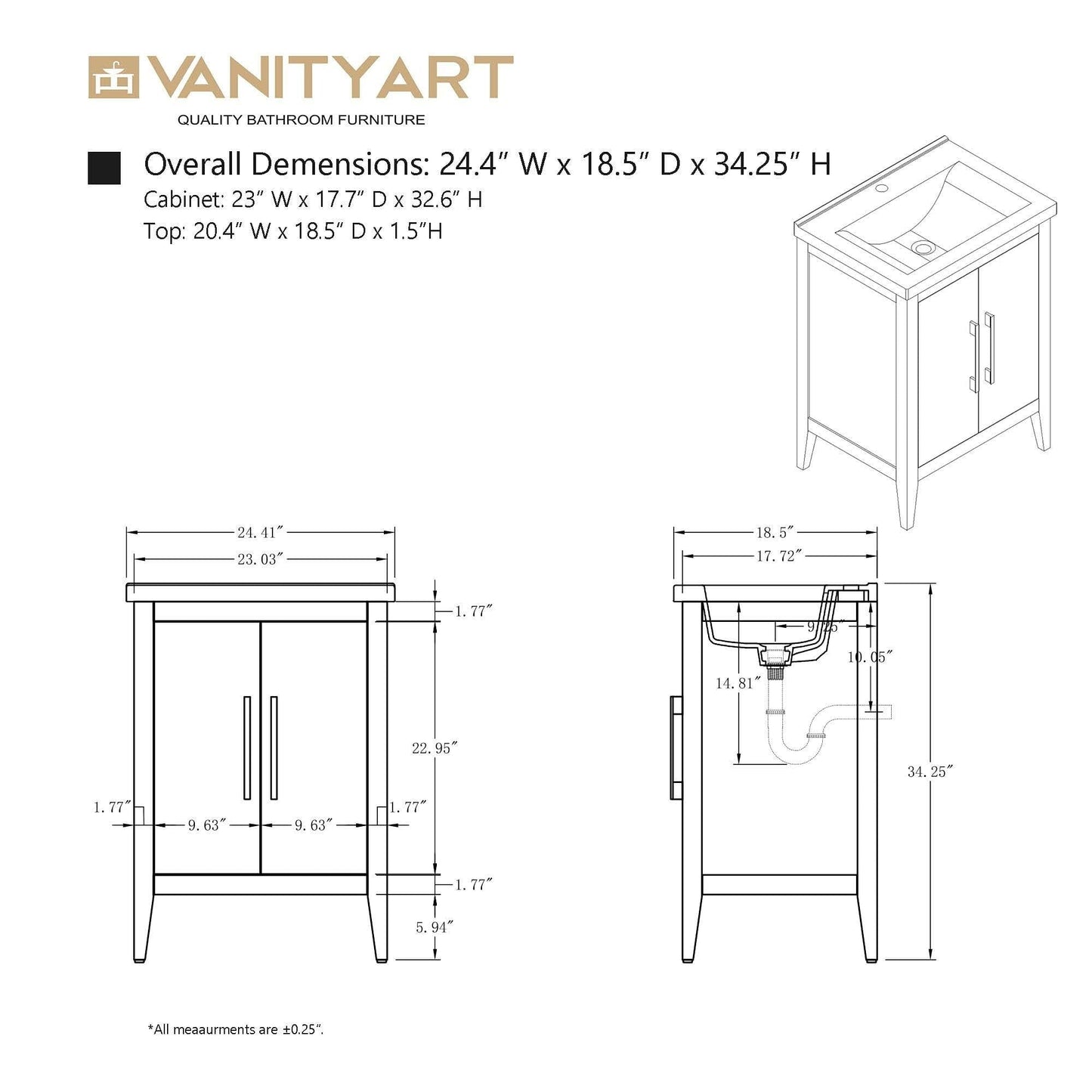 Mobiletto per lavabo da bagno Vanity Art 20 o 24 o 30 con piano in ceramica