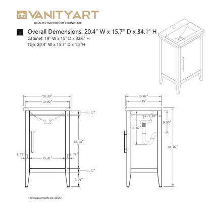 Mobiletto per lavabo da bagno Vanity Art 20 o 24 o 30 con piano in ceramica