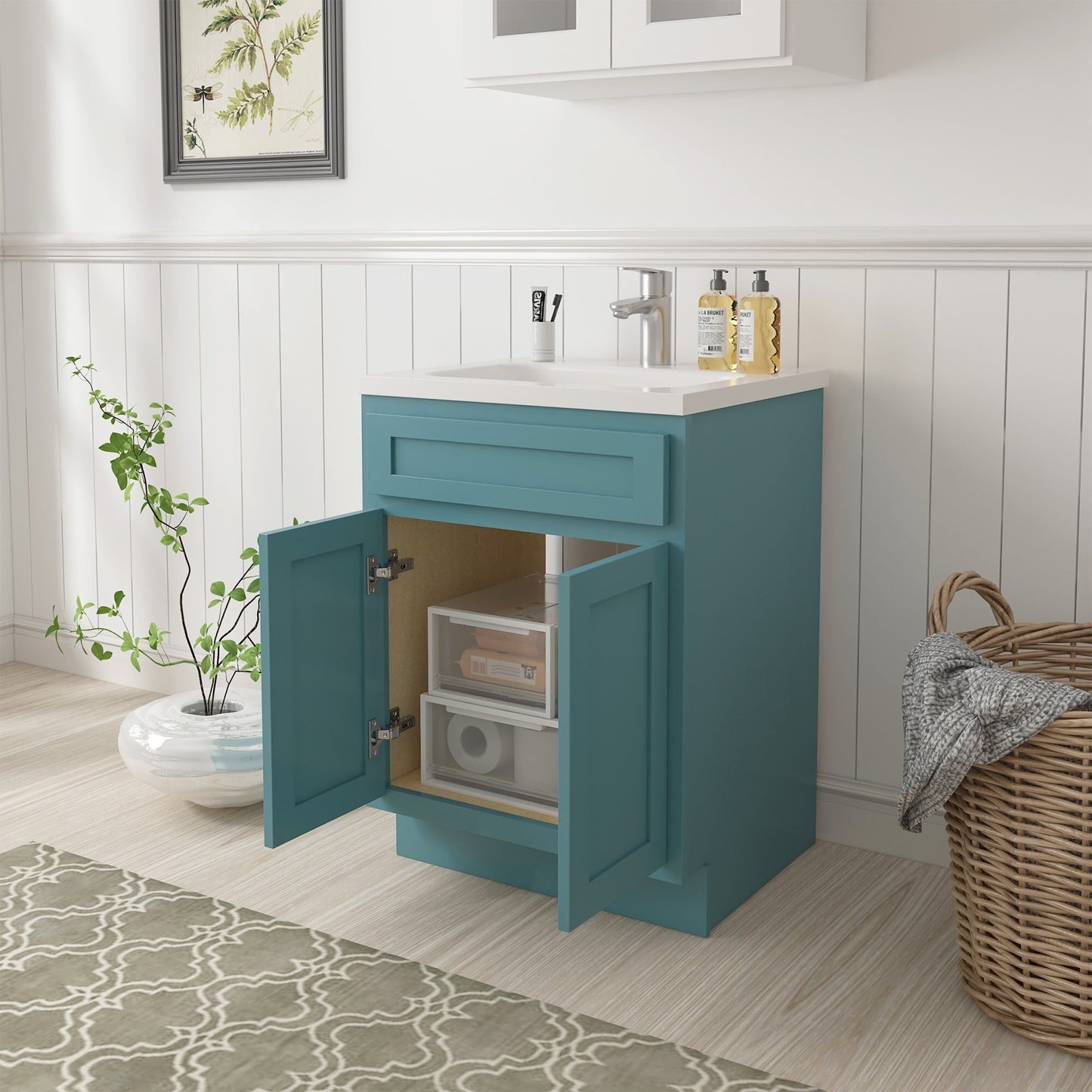 Mobiletto per lavabo da bagno Vanity Art in legno massello da 24 pollici con lavabo singolo