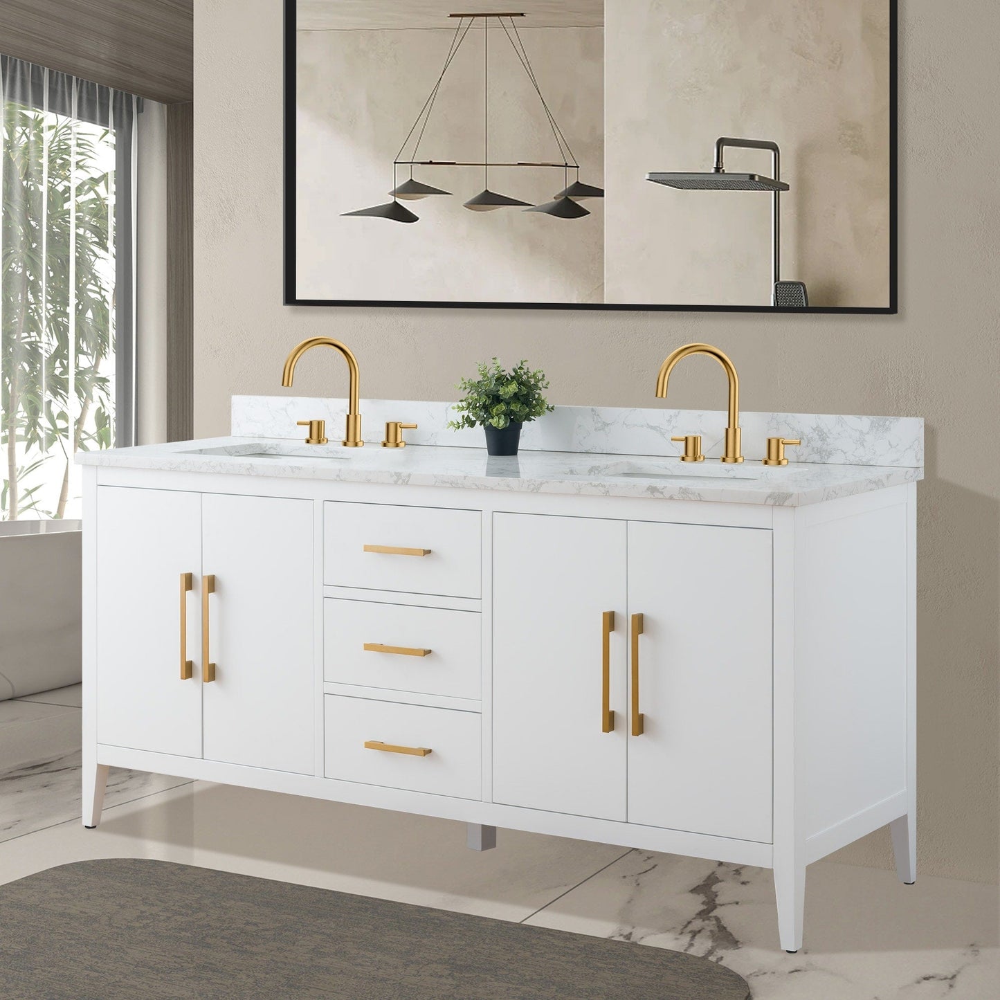 Mobiletto per lavabo da bagno Vanity Art 72 con doppio lavabo e piano in marmo ingegnerizzato