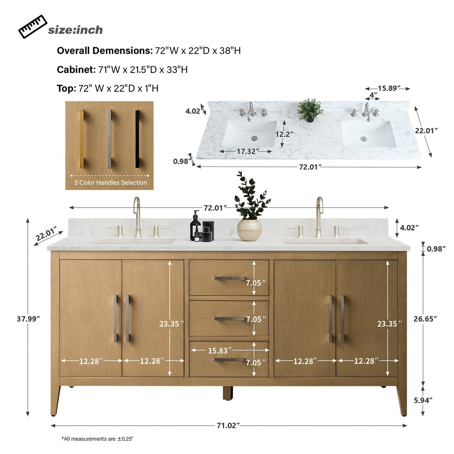 Mobiletto per lavabo da bagno Vanity Art 72 con doppio lavabo e piano in marmo ingegnerizzato