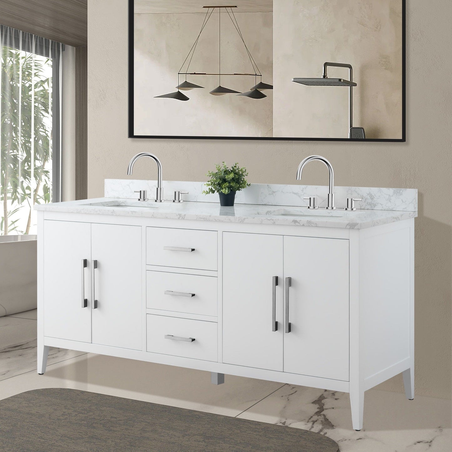 Mobiletto per lavabo da bagno Vanity Art 72 con doppio lavabo e piano in marmo ingegnerizzato