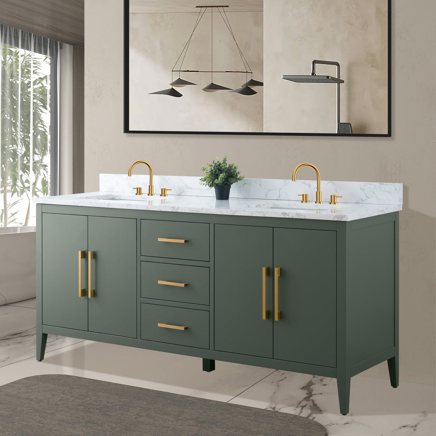 Mobiletto per lavabo da bagno Vanity Art 72 con doppio lavabo e piano in marmo ingegnerizzato