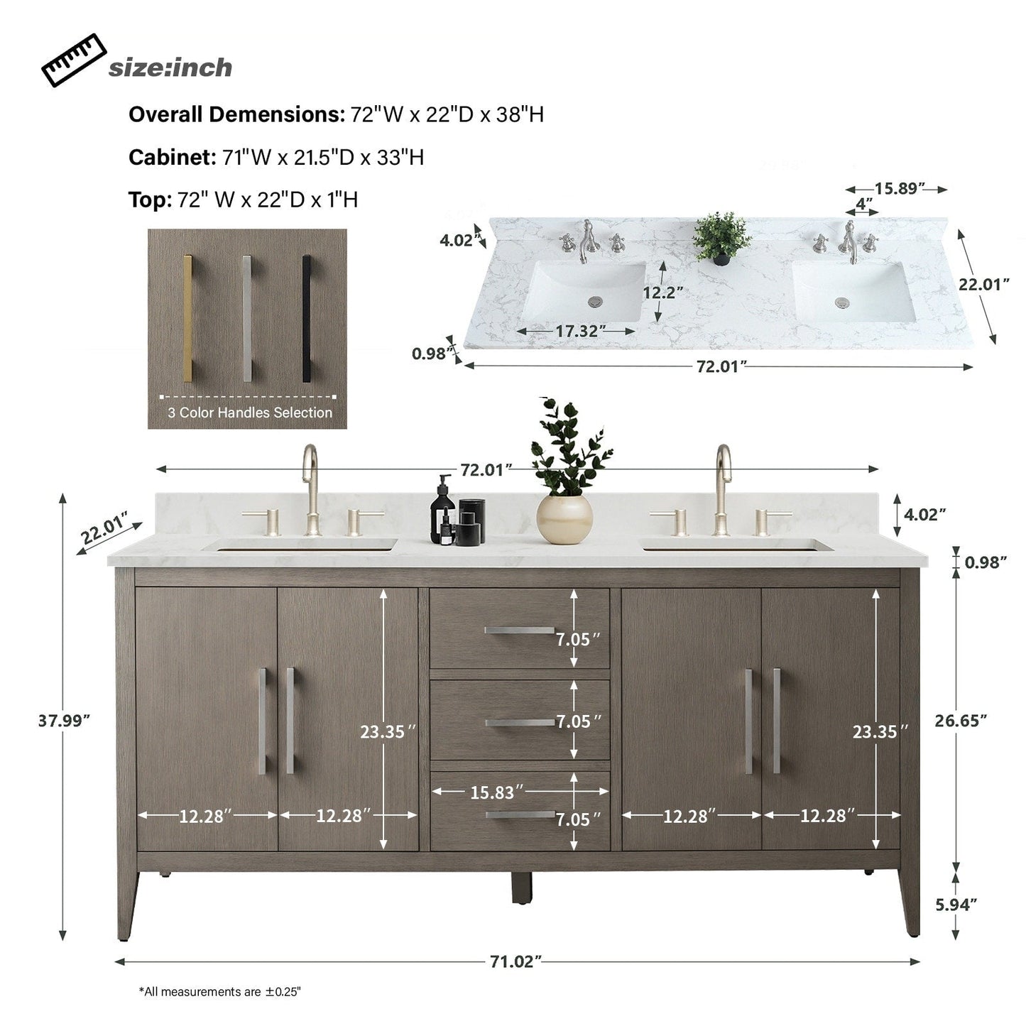 Mobiletto per lavabo da bagno Vanity Art 72 con doppio lavabo e piano in marmo ingegnerizzato