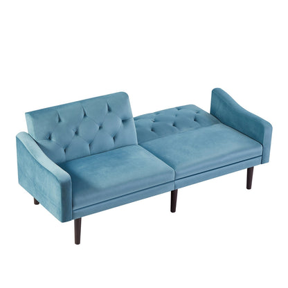 Divano letto a 3 posti in velluto con cuscini decorativi e struttura in legno