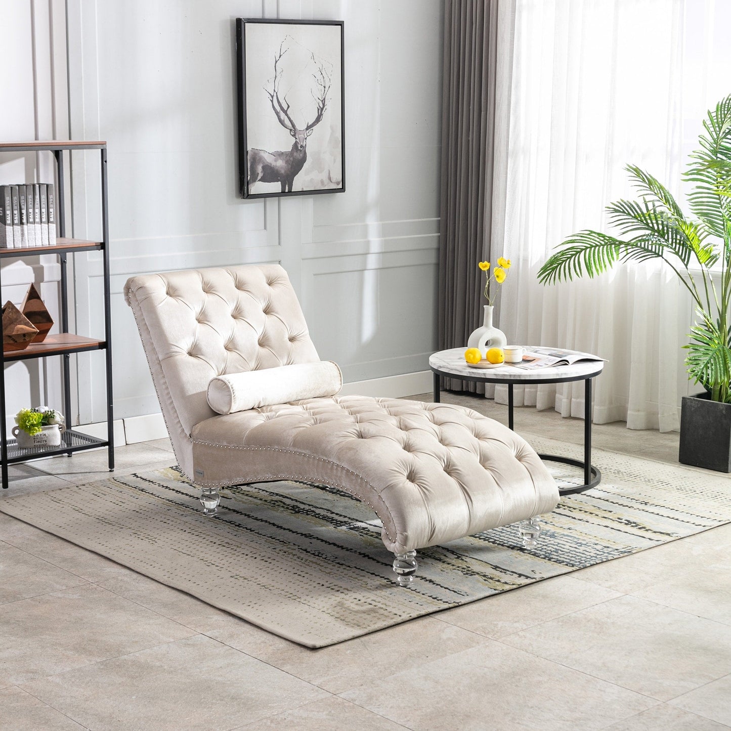 Chaise longue in velluto per interni, poltrona chaise longue imbottita con bottoni e cuscino per camera da letto, soggiorno, ufficio