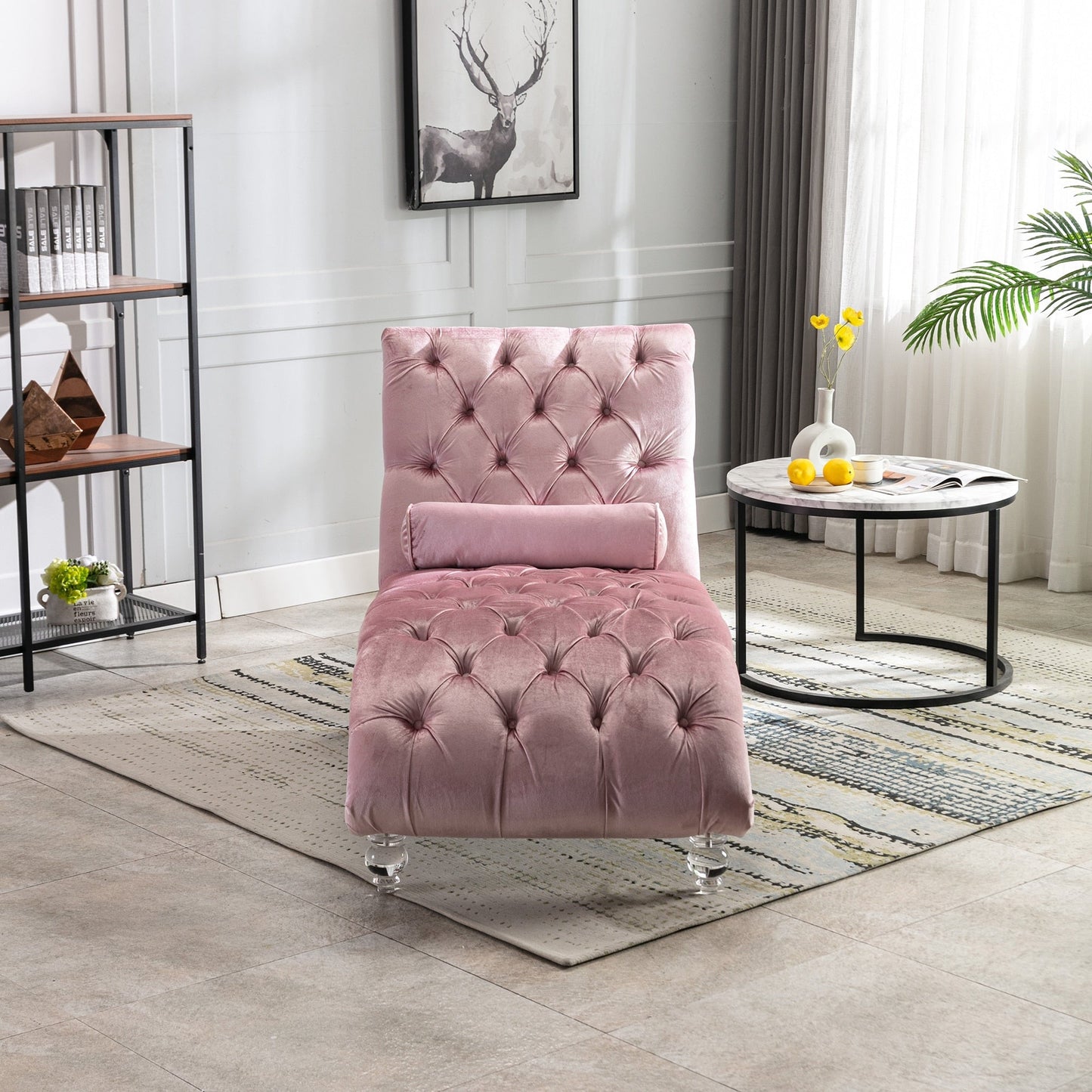 Chaise longue in velluto per interni, poltrona chaise longue imbottita con bottoni e cuscino per camera da letto, soggiorno, ufficio