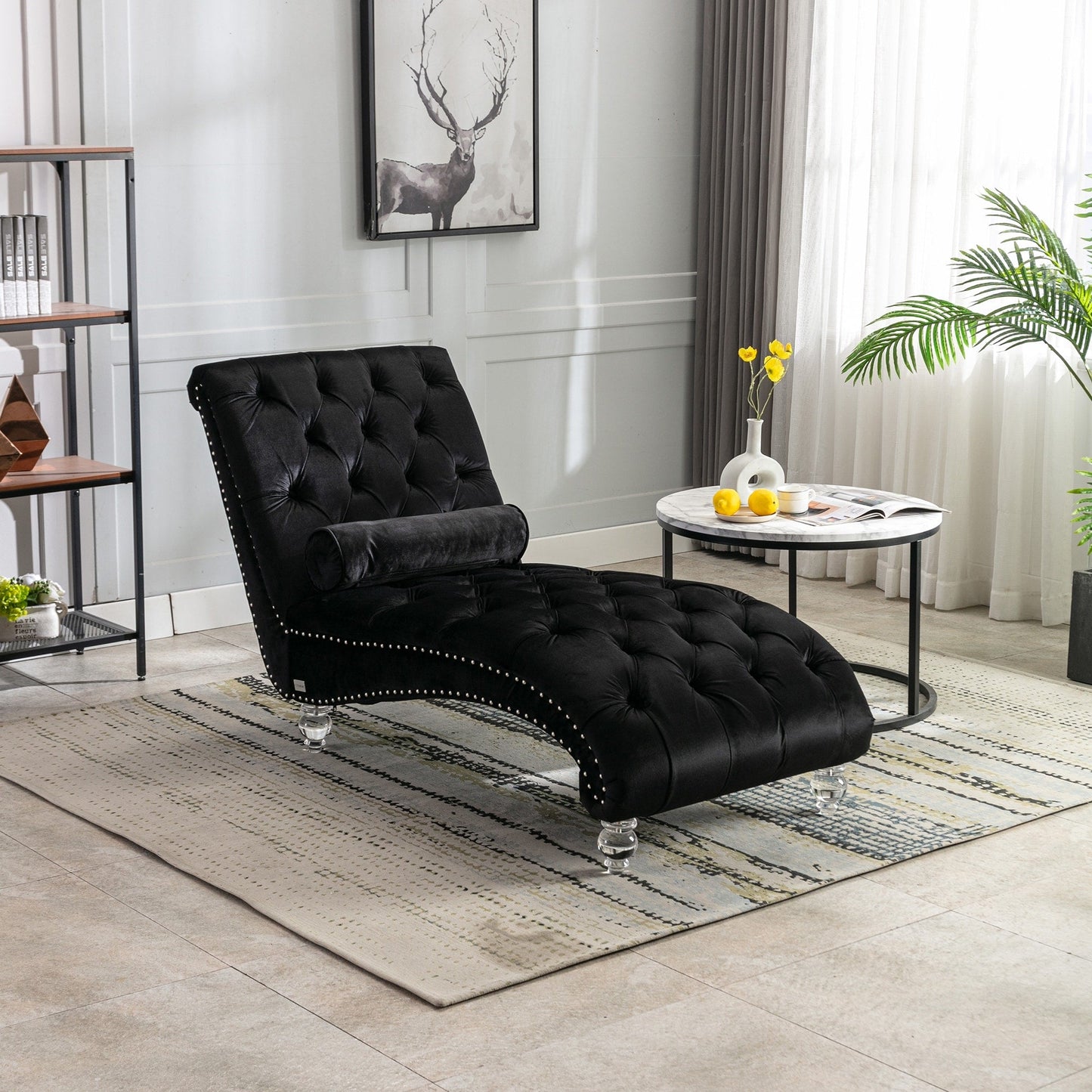Chaise longue in velluto per interni, poltrona chaise longue imbottita con bottoni e cuscino per camera da letto, soggiorno, ufficio