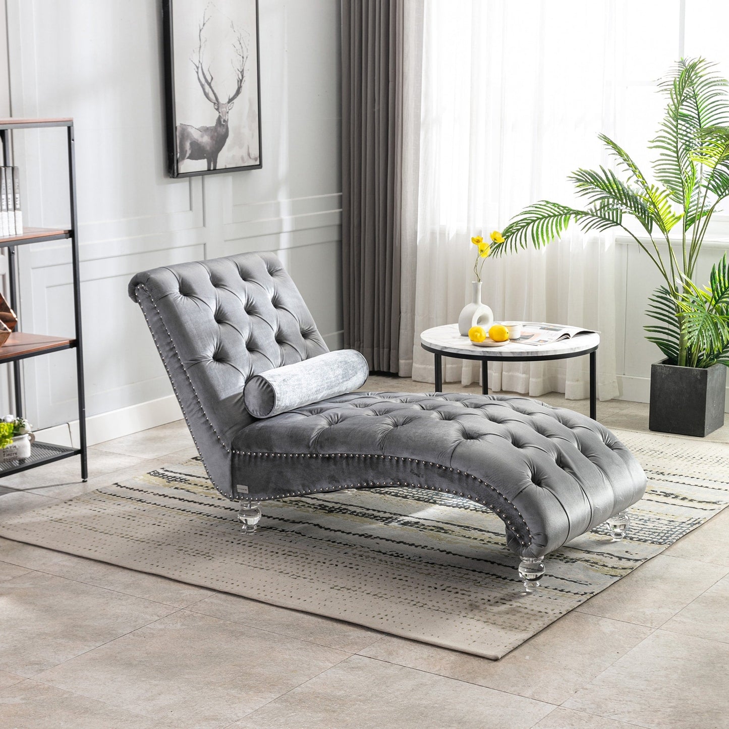 Chaise longue in velluto per interni, poltrona chaise longue imbottita con bottoni e cuscino per camera da letto, soggiorno, ufficio