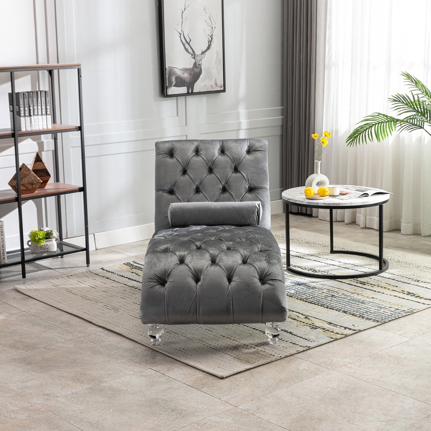 Chaise longue in velluto per interni, poltrona chaise longue imbottita con bottoni e cuscino per camera da letto, soggiorno, ufficio