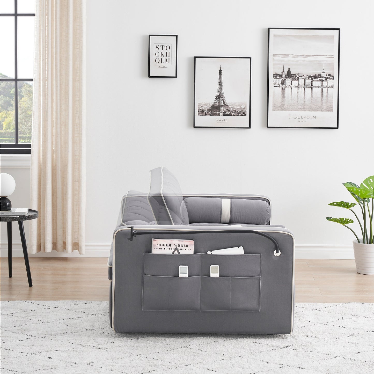 Divano letto convertibile in velluto da 55'' a 2 posti con letto estraibile, reclinazione regolabile, tasche laterali e porta telefono