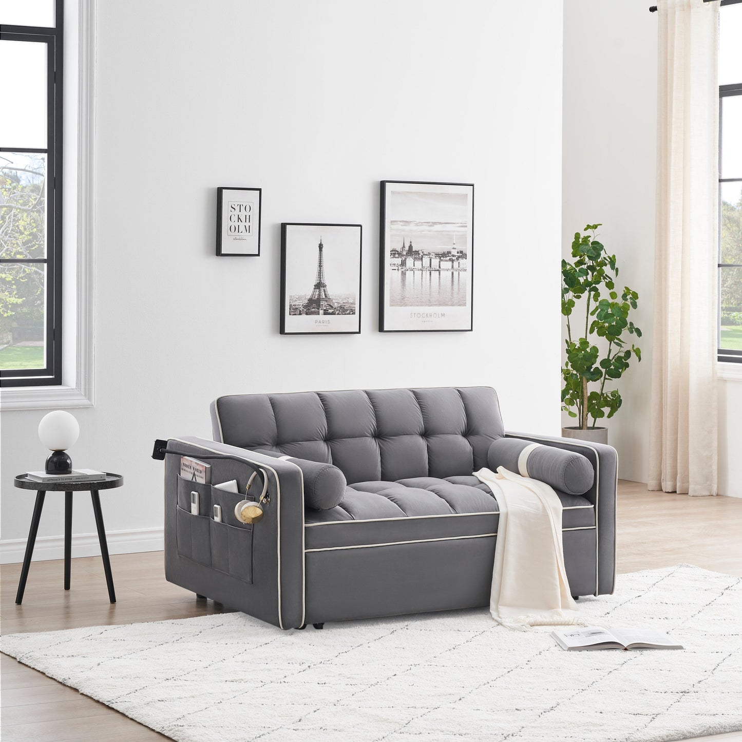 Divano letto convertibile in velluto da 55'' a 2 posti con letto estraibile, reclinazione regolabile, tasche laterali e porta telefono