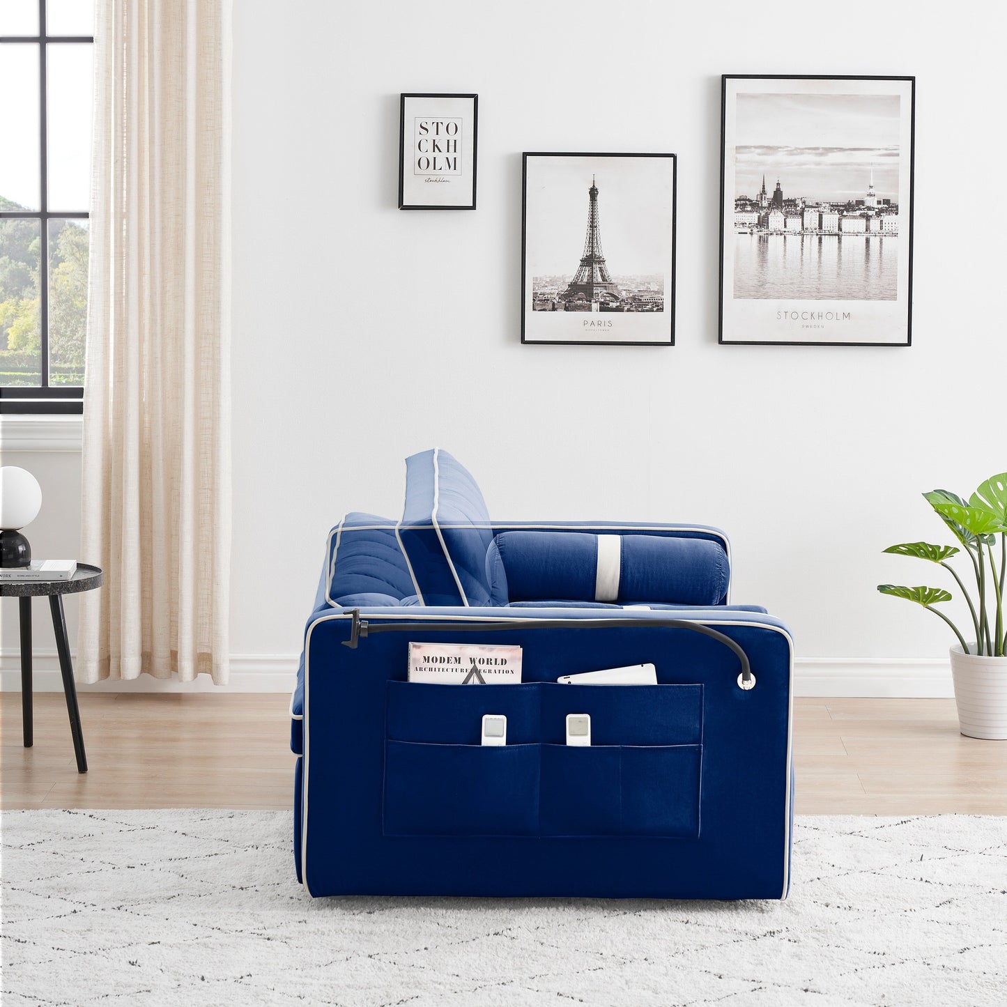 Divano letto convertibile in velluto da 55'' a 2 posti con letto estraibile, reclinazione regolabile, tasche laterali e porta telefono
