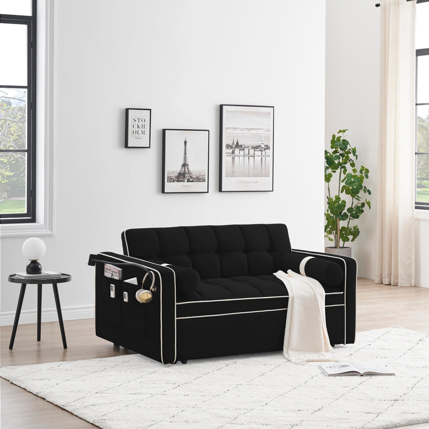 Divano letto convertibile in velluto da 55'' a 2 posti con letto estraibile, reclinazione regolabile, tasche laterali e porta telefono