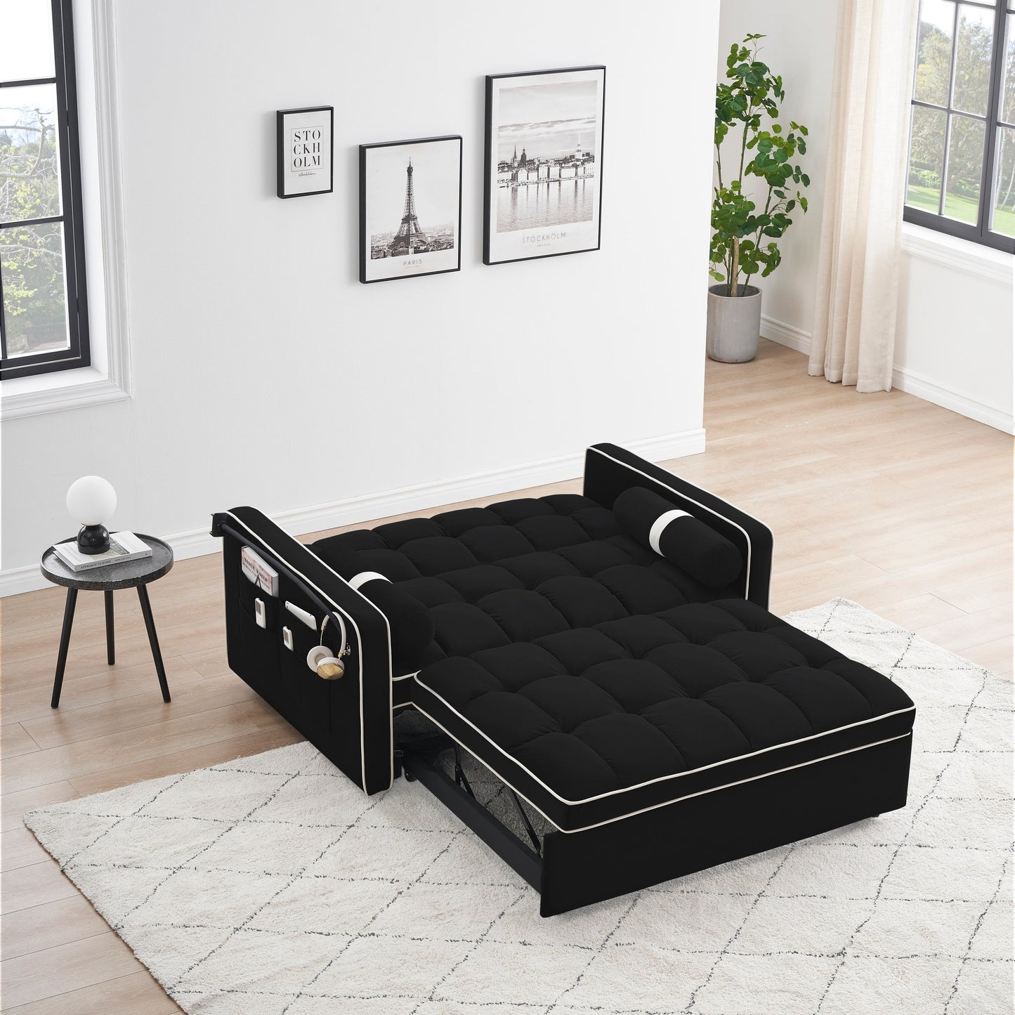 Divano letto convertibile in velluto da 55'' a 2 posti con letto estraibile, reclinazione regolabile, tasche laterali e porta telefono