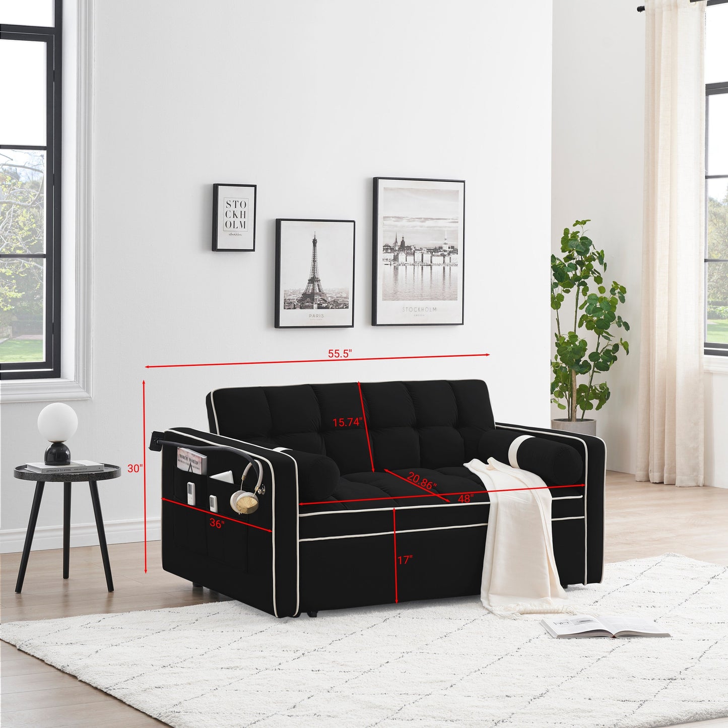 Divano letto convertibile in velluto da 55'' a 2 posti con letto estraibile, reclinazione regolabile, tasche laterali e porta telefono