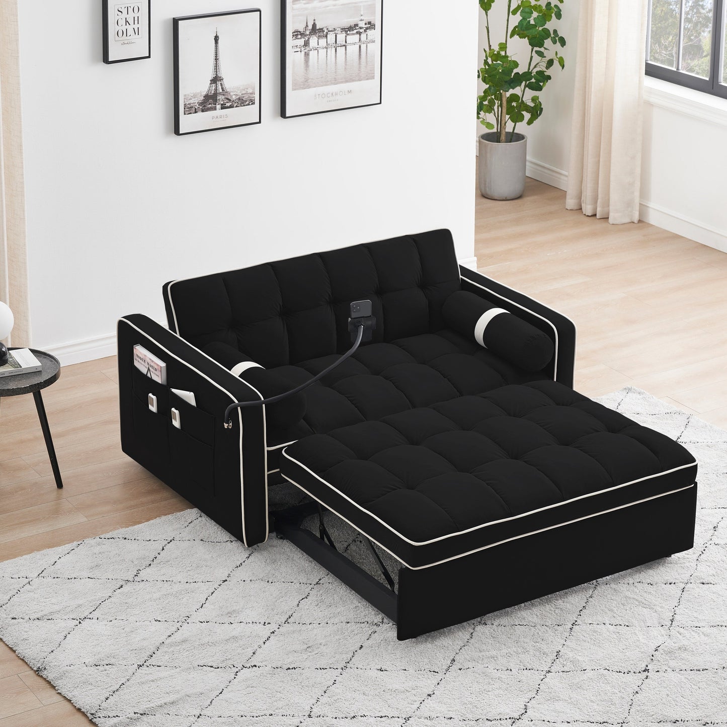 Divano letto convertibile in velluto da 55'' a 2 posti con letto estraibile, reclinazione regolabile, tasche laterali e porta telefono