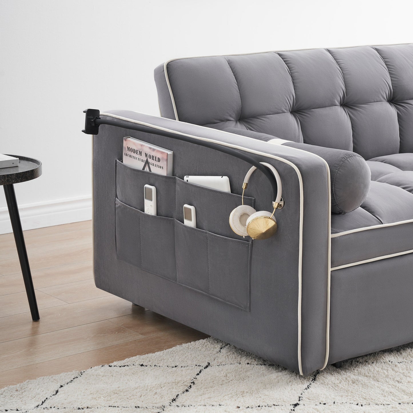 Divano letto convertibile in velluto da 55'' a 2 posti con letto estraibile, reclinazione regolabile, tasche laterali e porta telefono