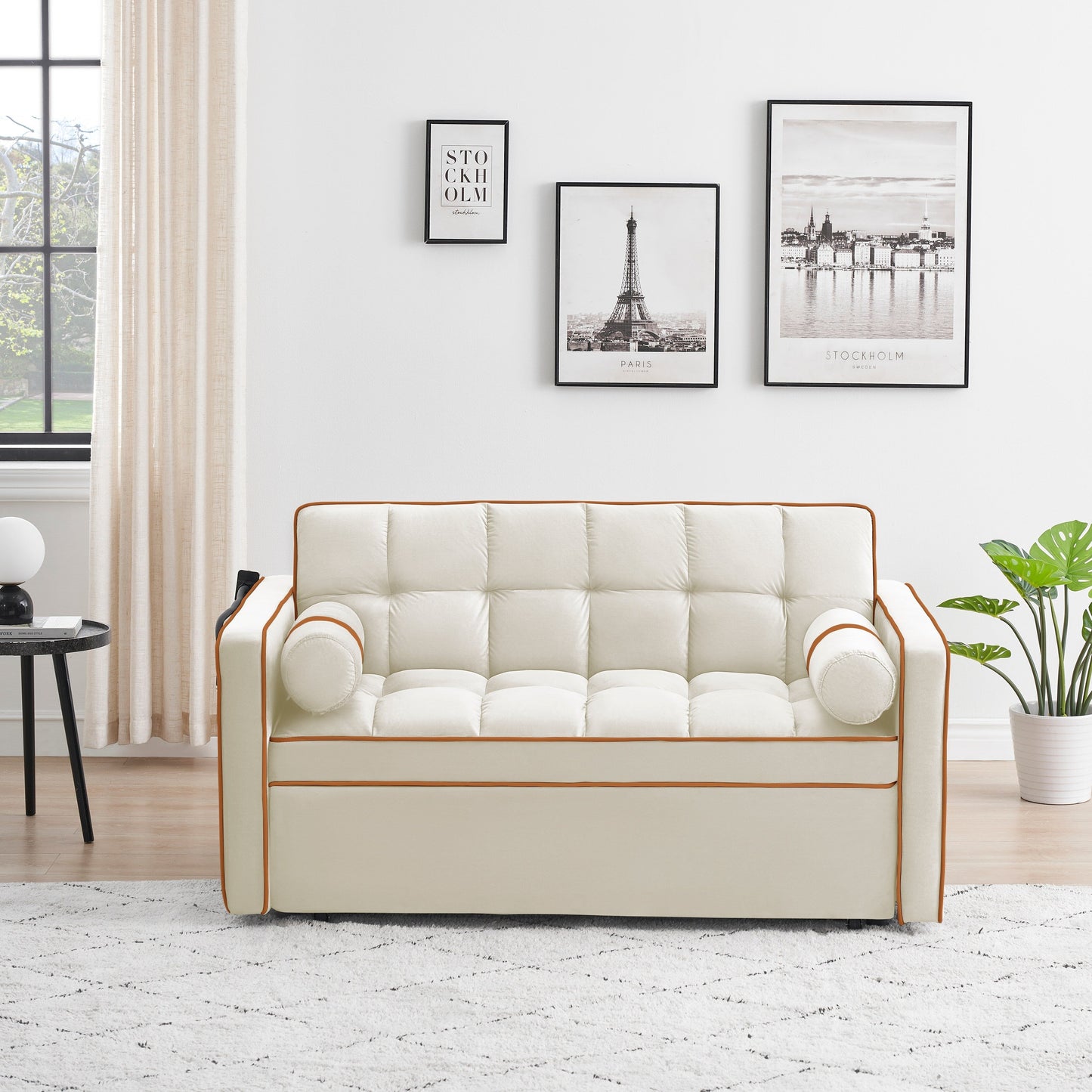 Divano letto convertibile in velluto da 55'' a 2 posti con letto estraibile, reclinazione regolabile, tasche laterali e porta telefono