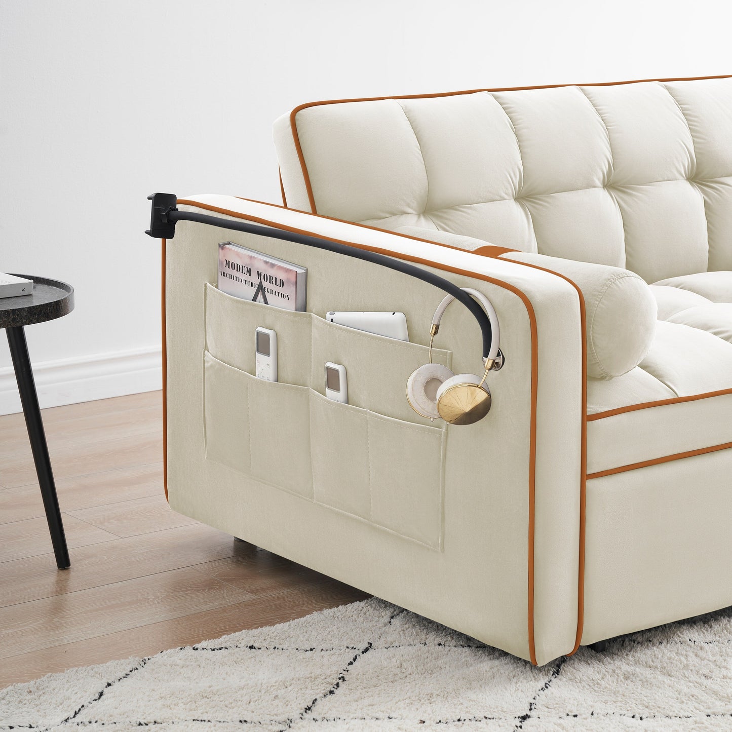 Divano letto convertibile in velluto da 55'' a 2 posti con letto estraibile, reclinazione regolabile, tasche laterali e porta telefono