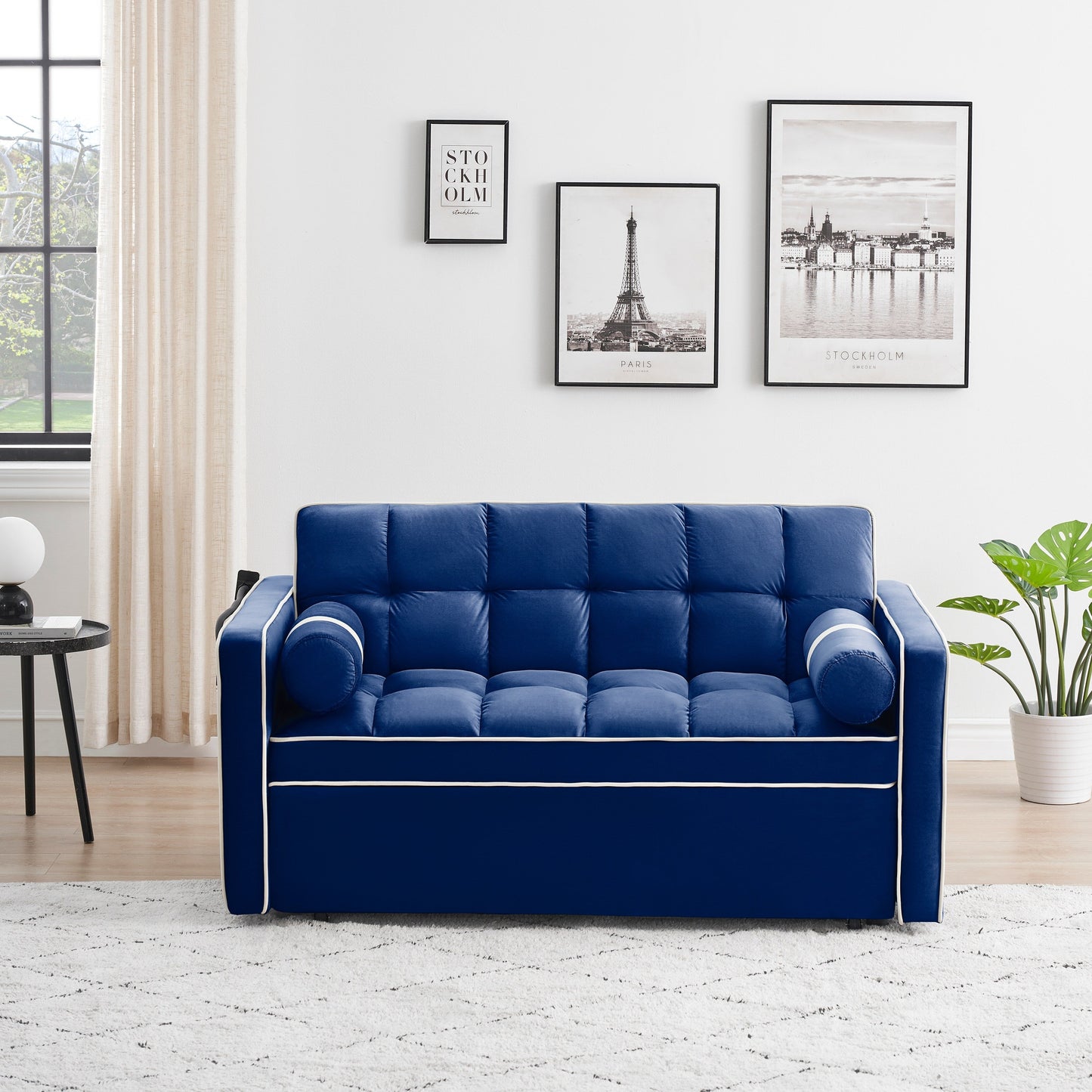 Divano letto convertibile in velluto da 55'' a 2 posti con letto estraibile, reclinazione regolabile, tasche laterali e porta telefono