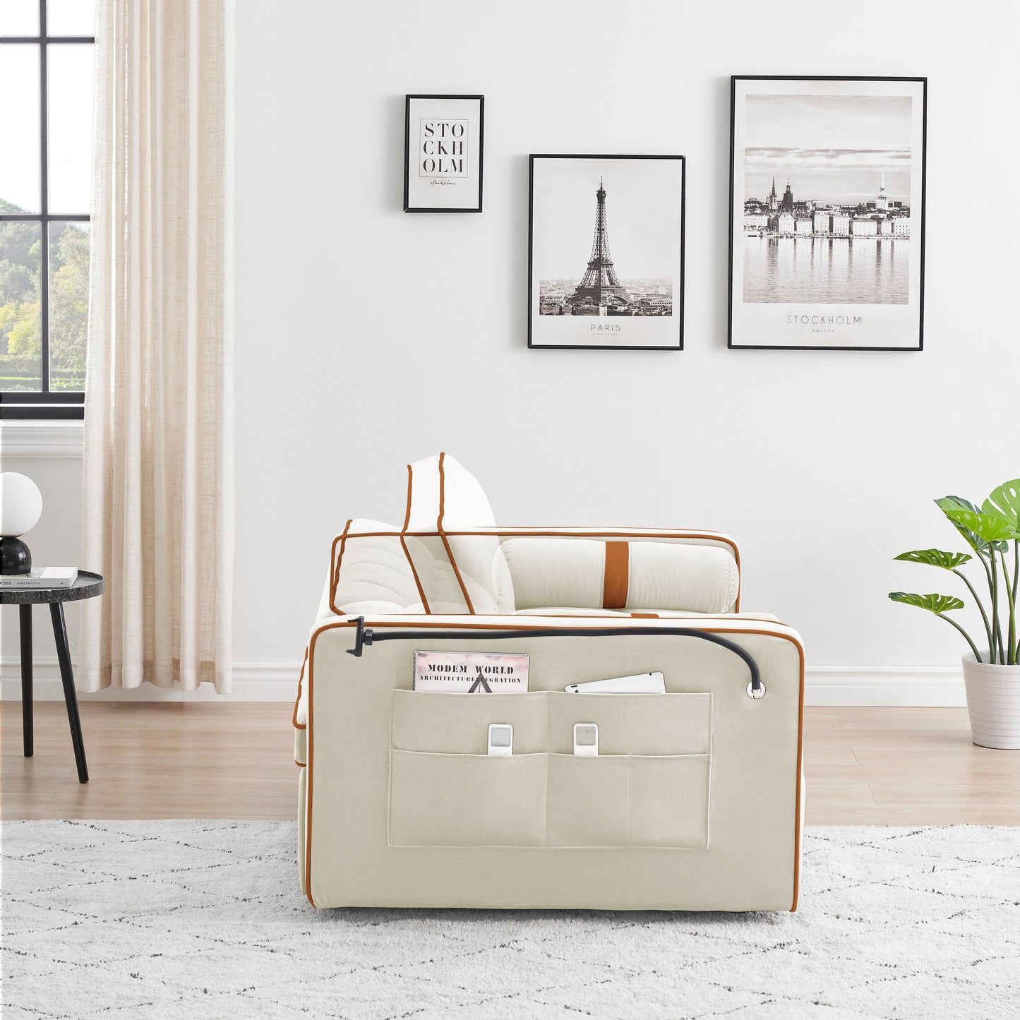 Divano letto convertibile in velluto da 55'' a 2 posti con letto estraibile, reclinazione regolabile, tasche laterali e porta telefono