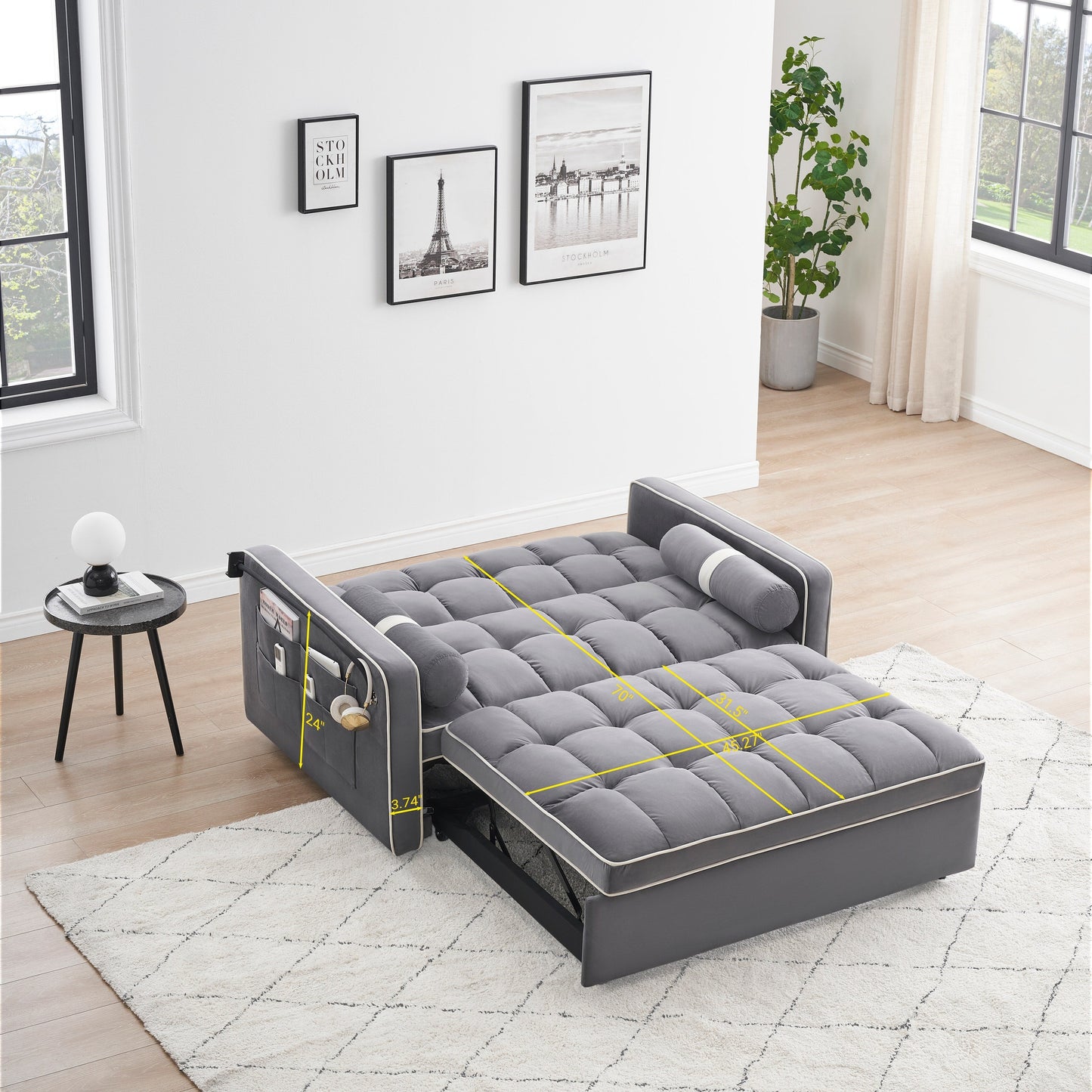 Divano letto convertibile in velluto da 55'' a 2 posti con letto estraibile, reclinazione regolabile, tasche laterali e porta telefono