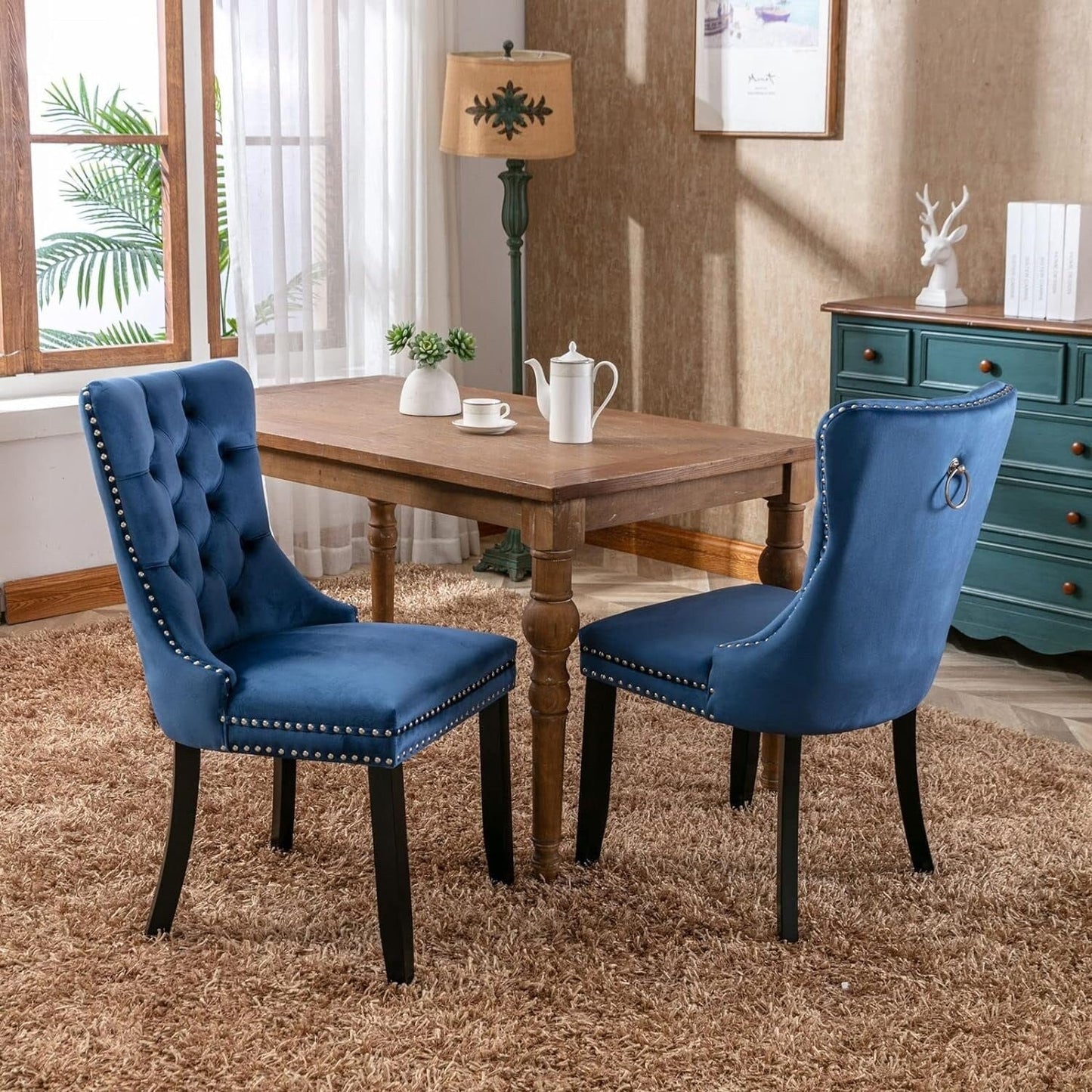 Set di 2 sedie da pranzo in velluto, sedie da pranzo trapuntate con schienale a borchie e anello di chiusura - 25,5×19,7×37,4 pollici