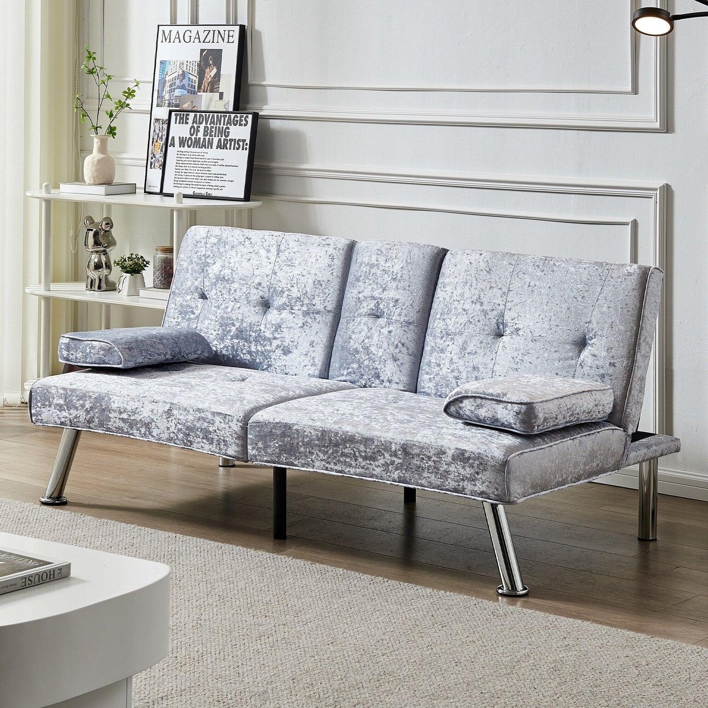 Divano letto futon in velluto con portabicchieri