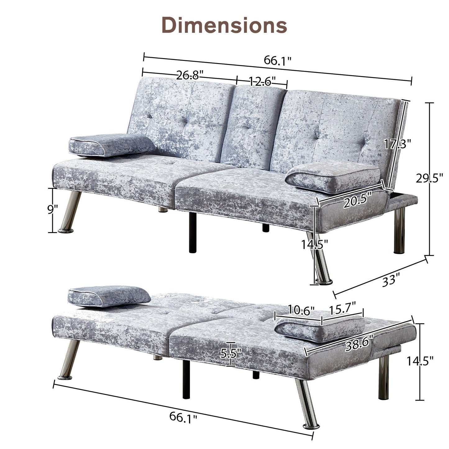 Divano letto futon in velluto con portabicchieri