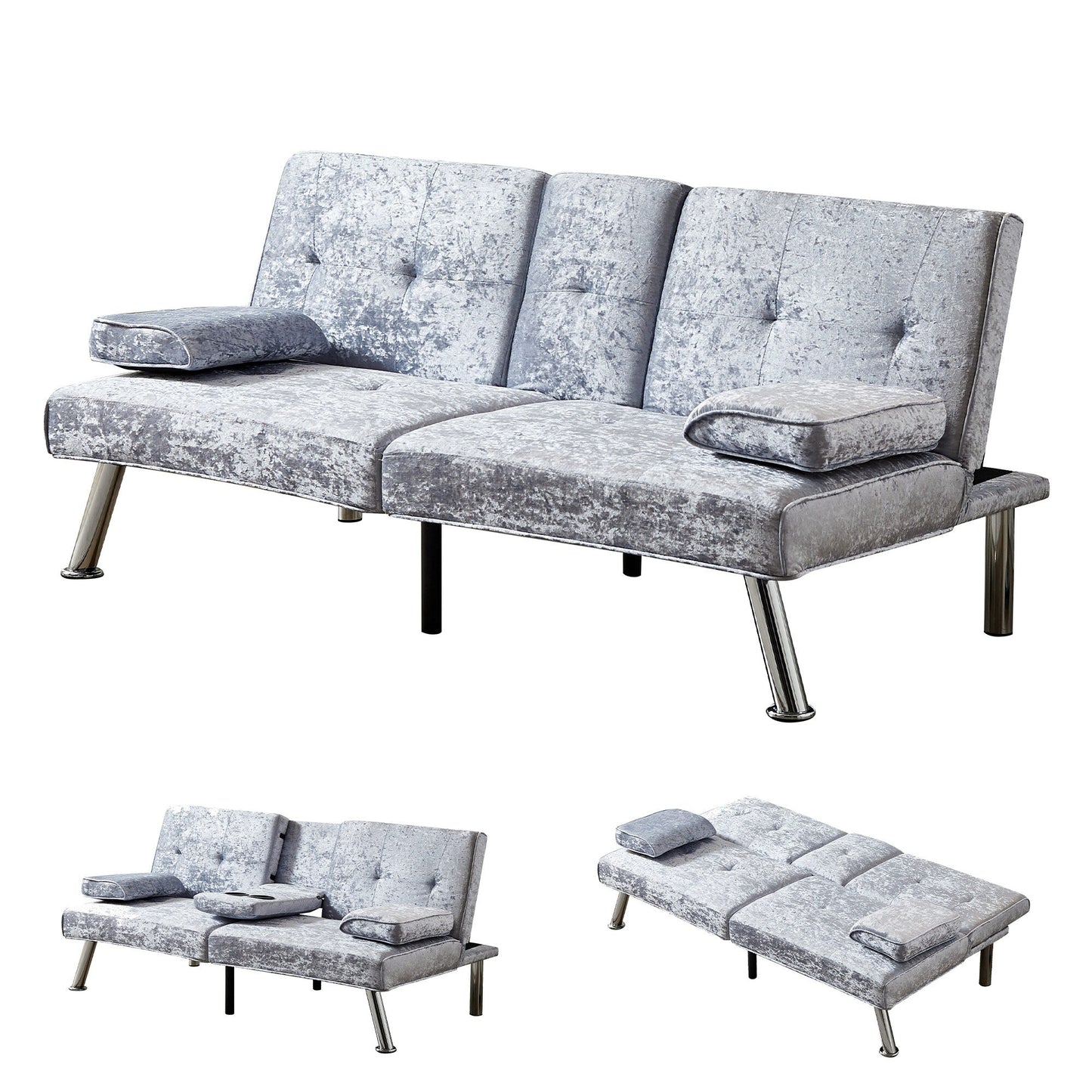 Divano letto futon in velluto con portabicchieri