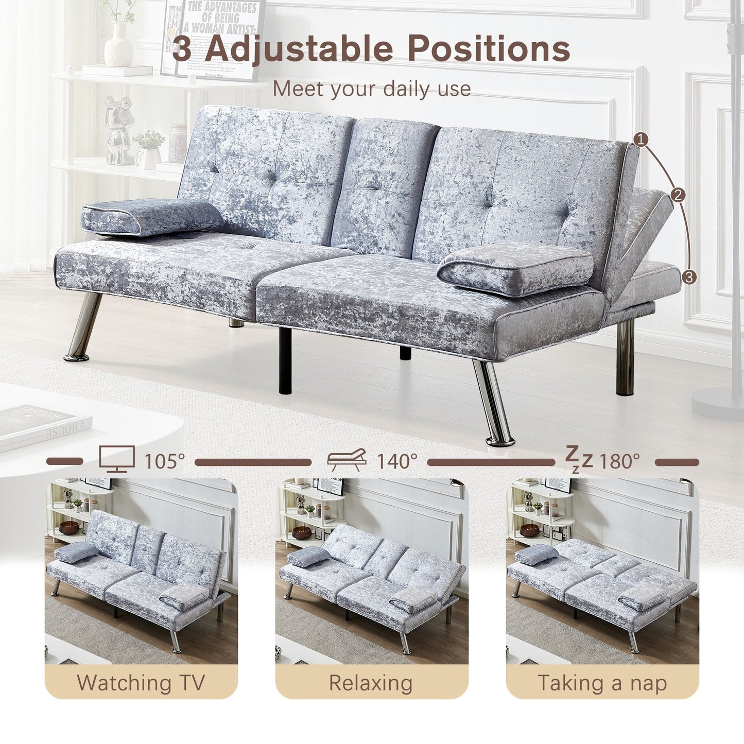 Divano letto futon in velluto con portabicchieri