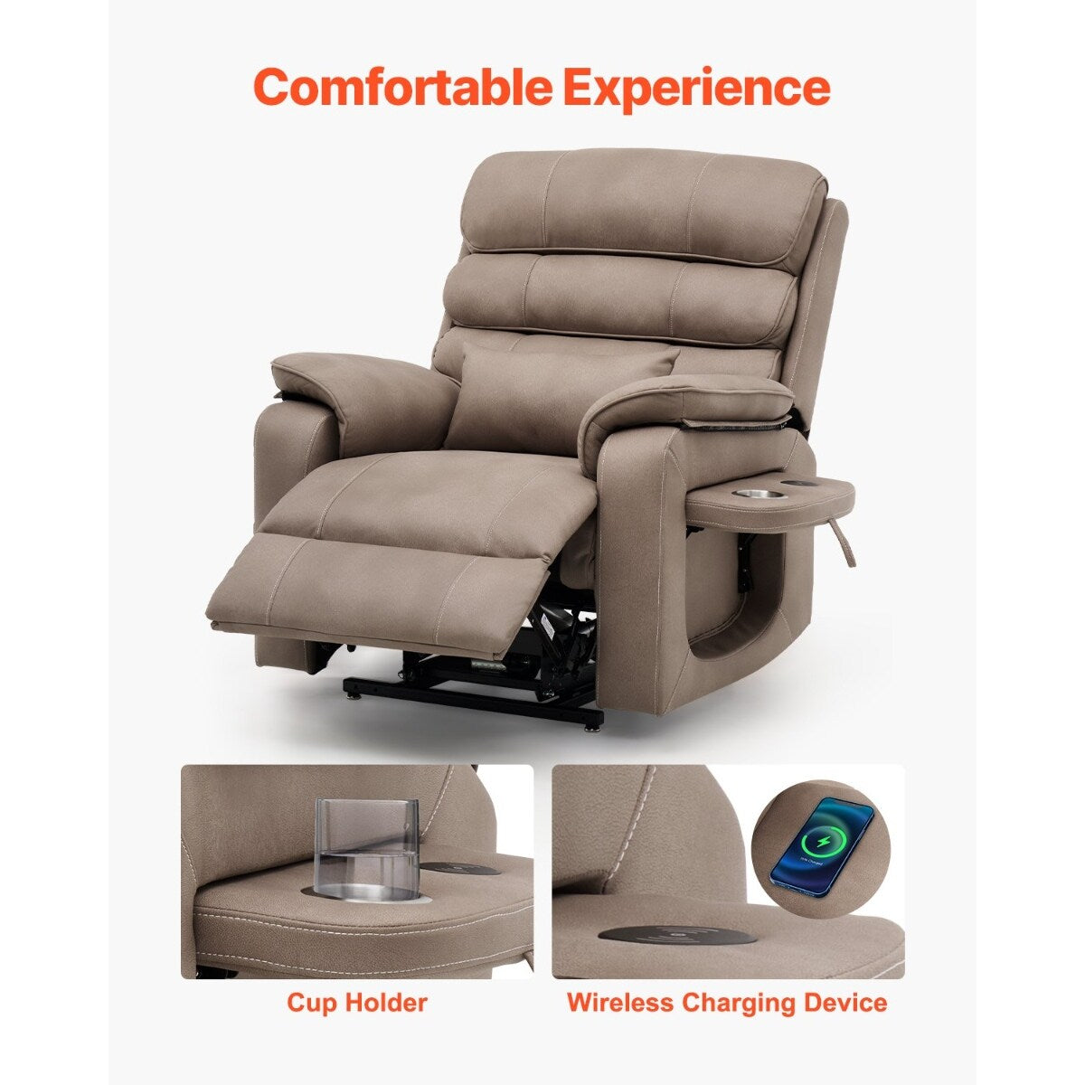 Poltrona reclinabile Velvet Power Lift, doppio motore, riscaldamento, massaggio e caricabatterie wireless