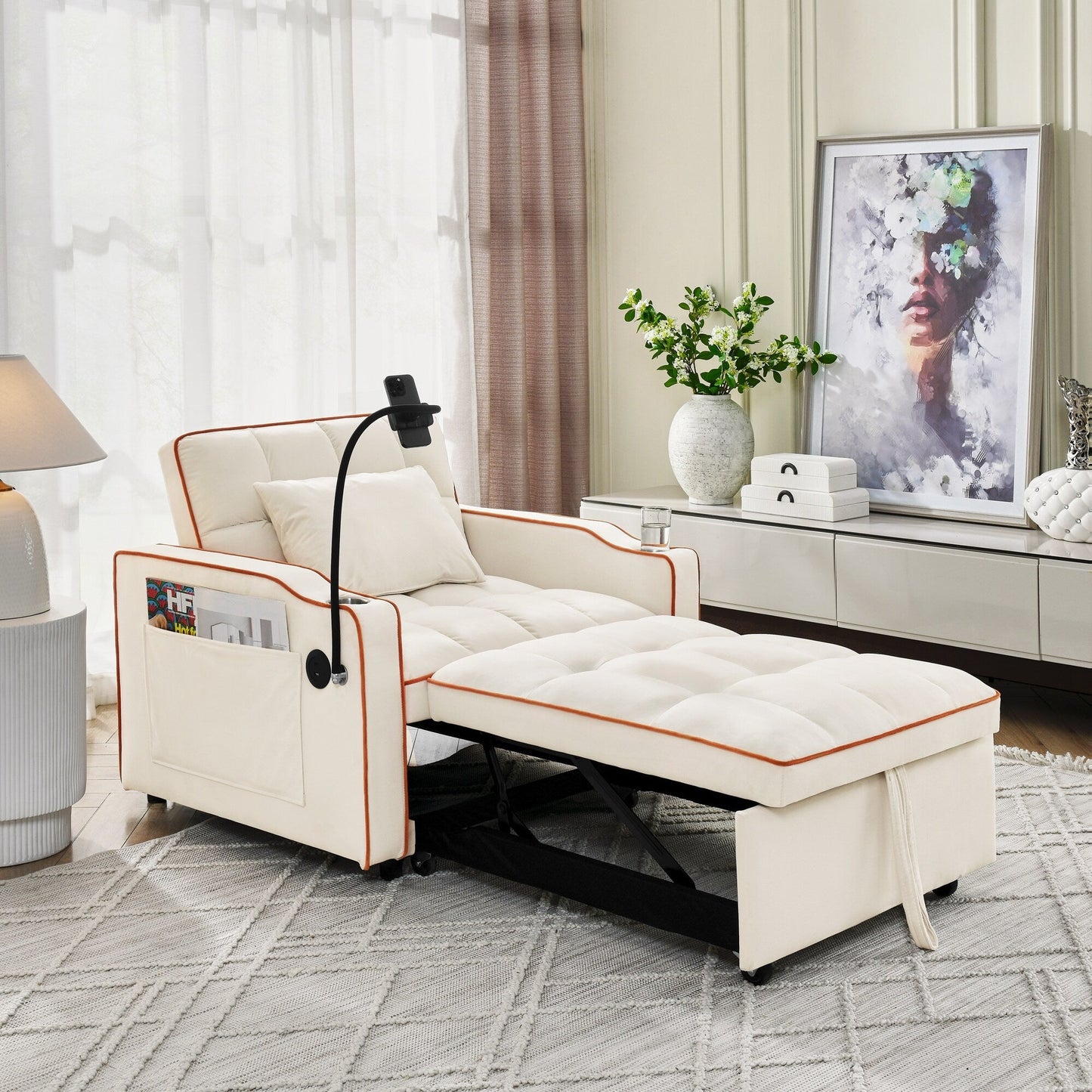 Divano letto singolo in velluto con porta di ricarica USB