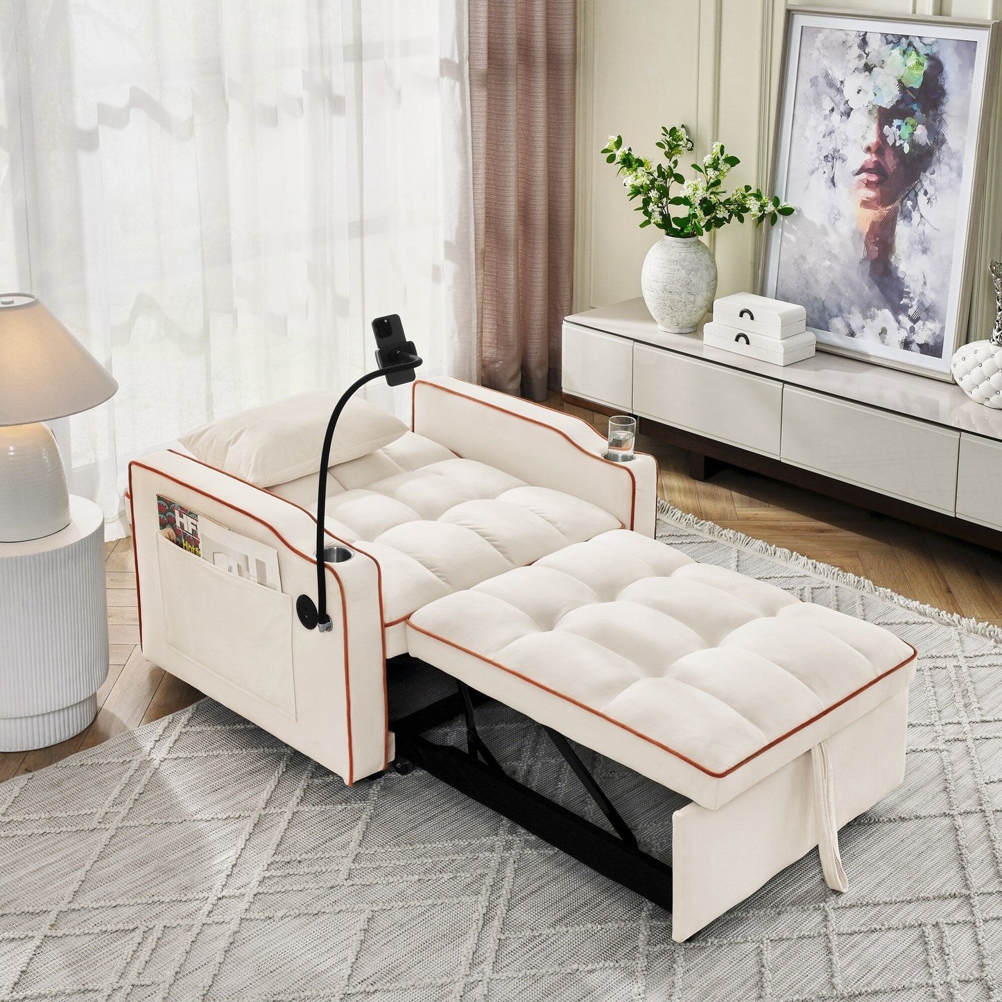 Divano letto singolo in velluto con porta di ricarica USB