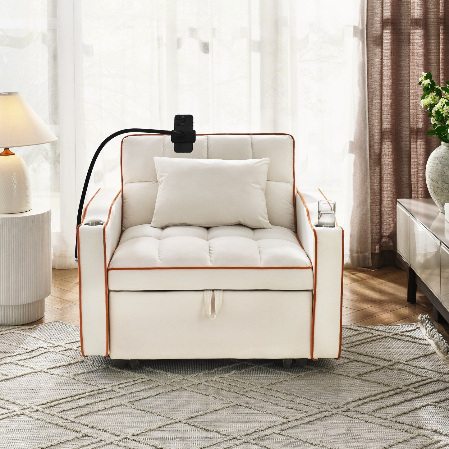 Divano letto singolo in velluto con porta di ricarica USB