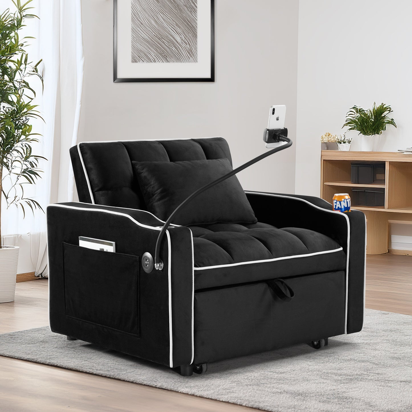 Divano letto singolo in velluto con porta di ricarica USB