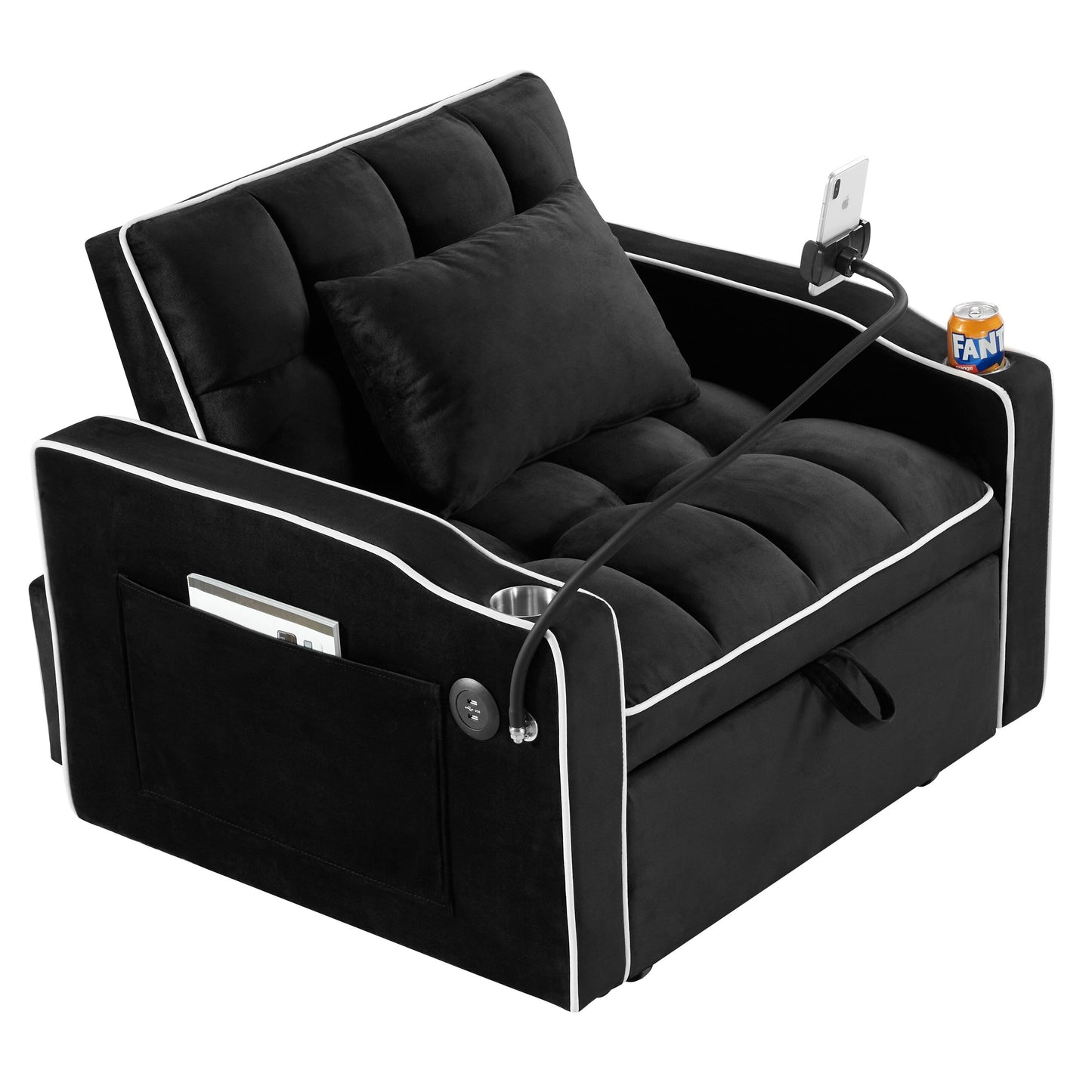 Divano letto singolo in velluto con porta di ricarica USB