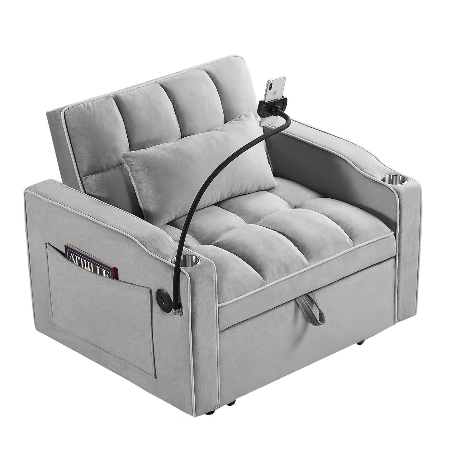 Divano letto singolo in velluto con porta di ricarica USB