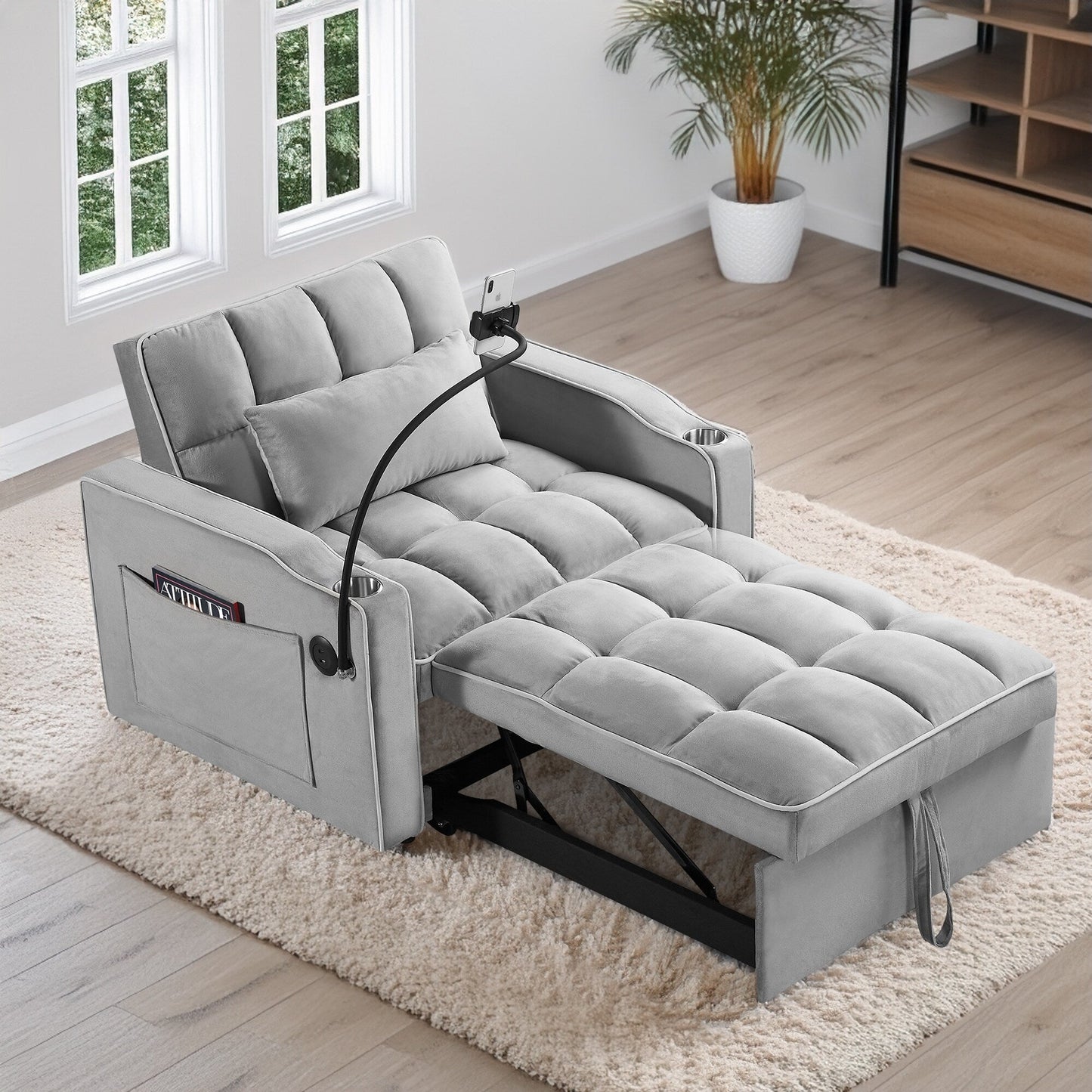 Divano letto singolo in velluto con porta di ricarica USB