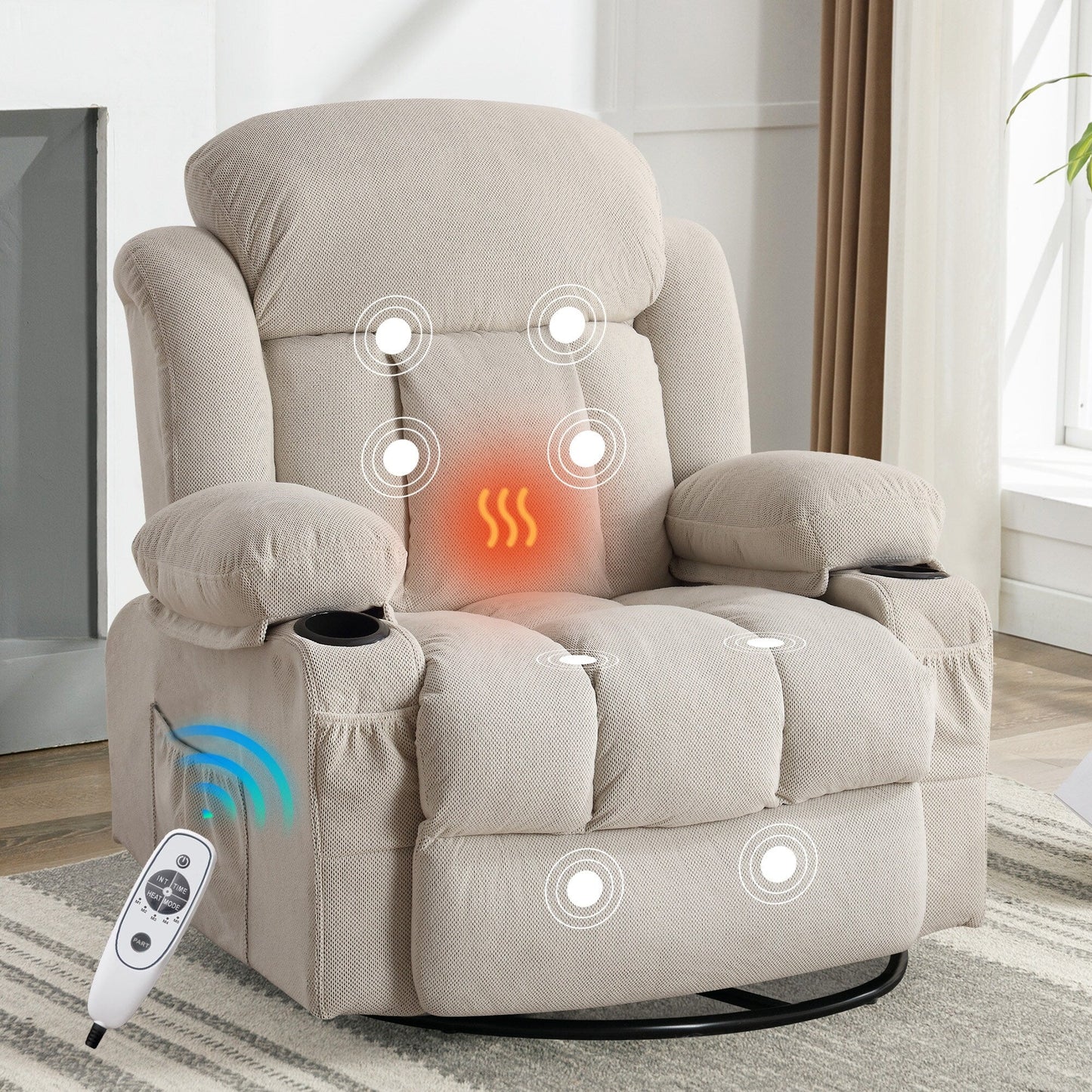 Poltrona reclinabile girevole in velluto con massaggio, calore e USB