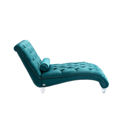 Poltrona reclinabile ergonomica a forma di S con cuscino, finiture con borchie e gambe in acrilico per uso interno.