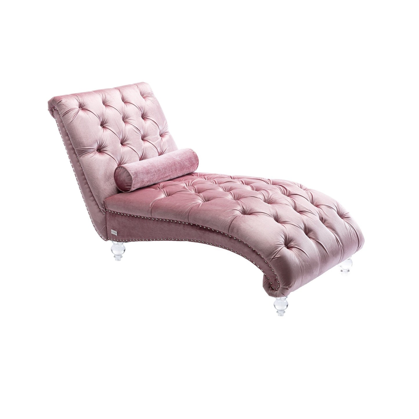 Poltrona reclinabile ergonomica a forma di S con cuscino, finiture con borchie e gambe in acrilico per uso interno.