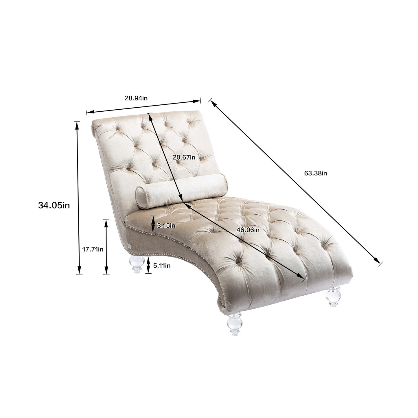 Poltrona reclinabile ergonomica a forma di S con cuscino, finiture con borchie e gambe in acrilico per uso interno.