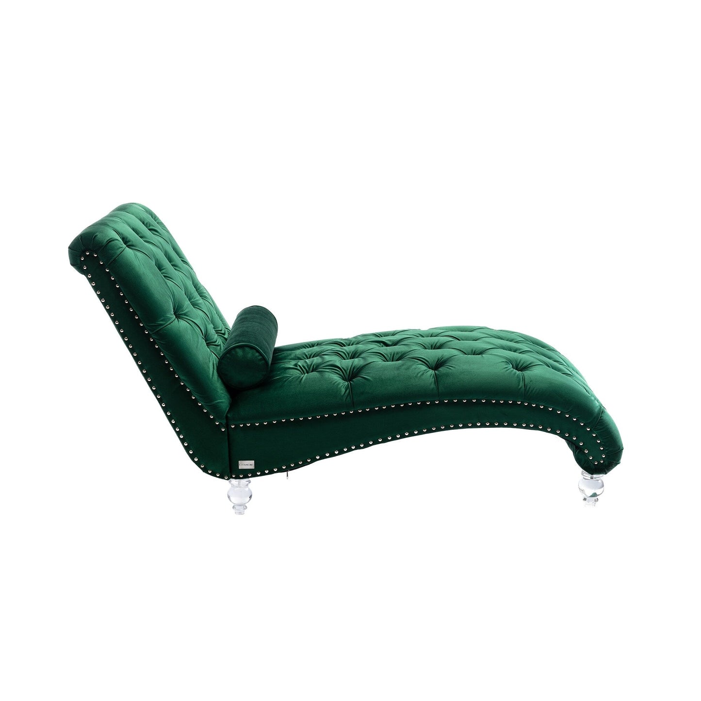 Poltrona reclinabile ergonomica a forma di S con cuscino, finiture con borchie e gambe in acrilico per uso interno.