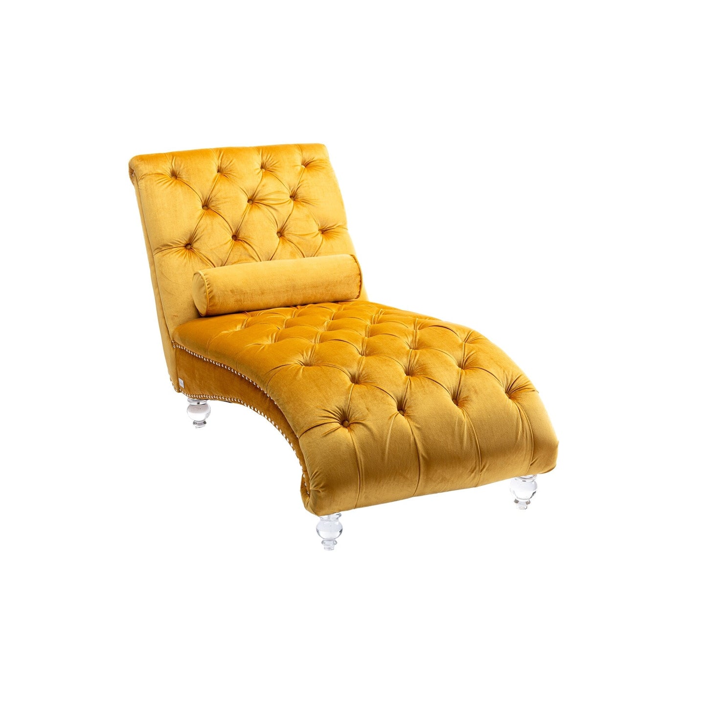 Poltrona reclinabile ergonomica a forma di S con cuscino, finiture con borchie e gambe in acrilico per uso interno.