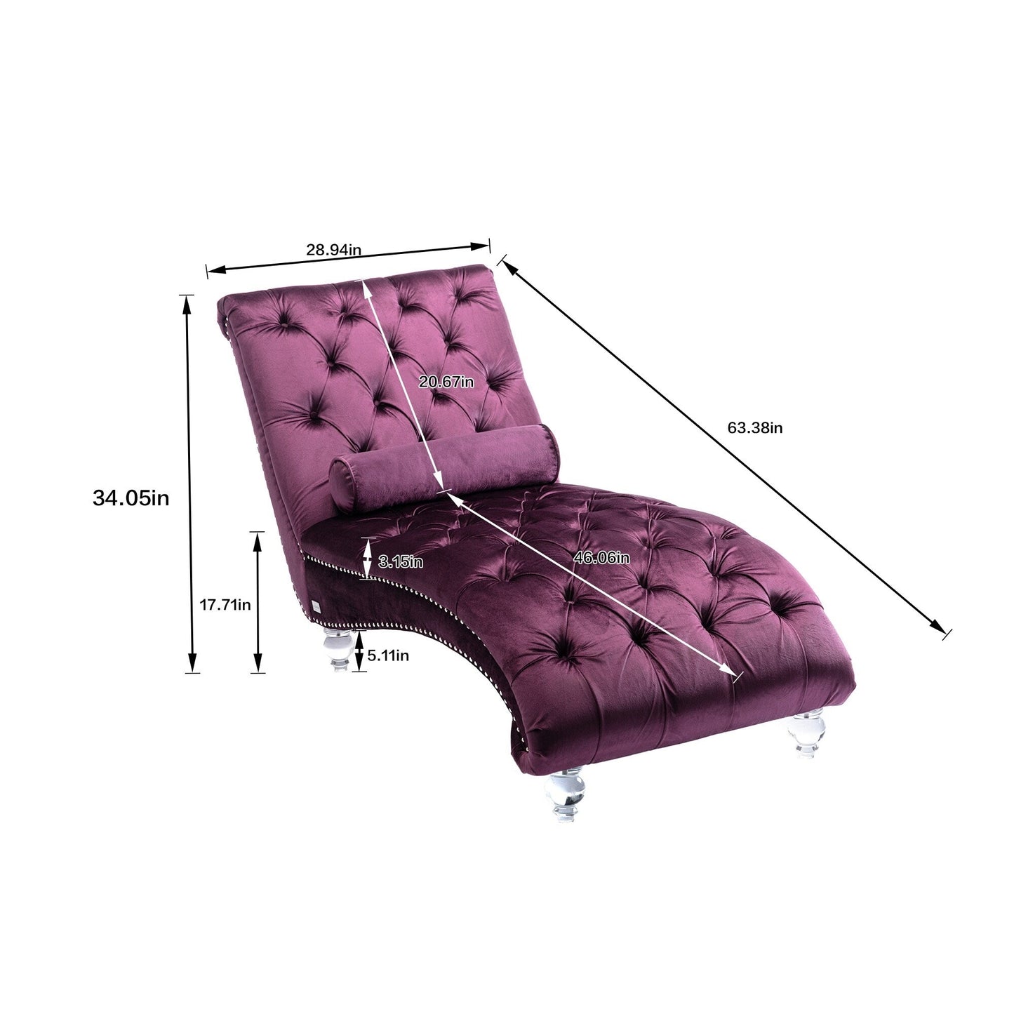 Poltrona reclinabile ergonomica a forma di S con cuscino, finiture con borchie e gambe in acrilico per uso interno.
