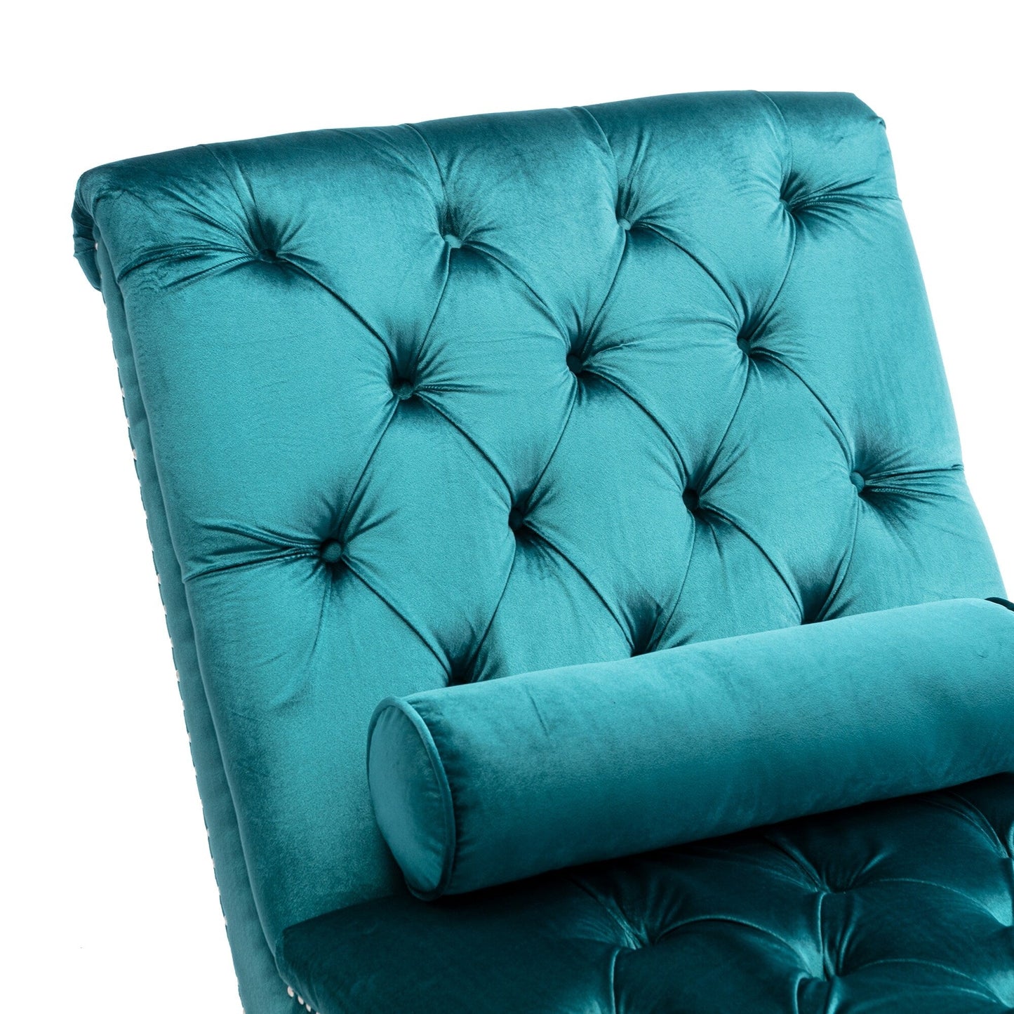 Poltrona reclinabile ergonomica a forma di S con cuscino, finiture con borchie e gambe in acrilico per uso interno.