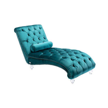 Poltrona reclinabile ergonomica a forma di S con cuscino, finiture con borchie e gambe in acrilico per uso interno.